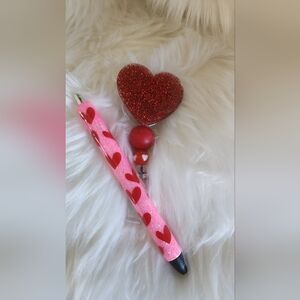 Glittered Red Heart Badge Reel with pen